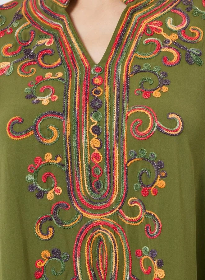 Amirah  Olive Embroidered Slit Sleeve Jalabiya for Women | Best Price UAE